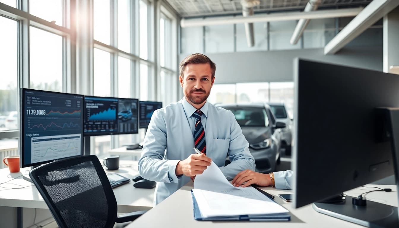 Kfz Gutachten Düsseldorf: Professional assessment with car in a modern office.