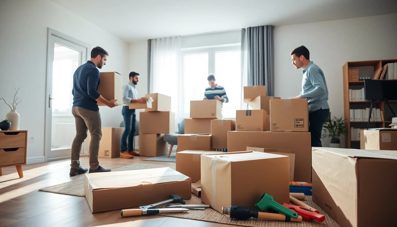 Umzugsunternehmen Ludwigshafen packen effizient Umzugskartons in einer modernen Wohnung.