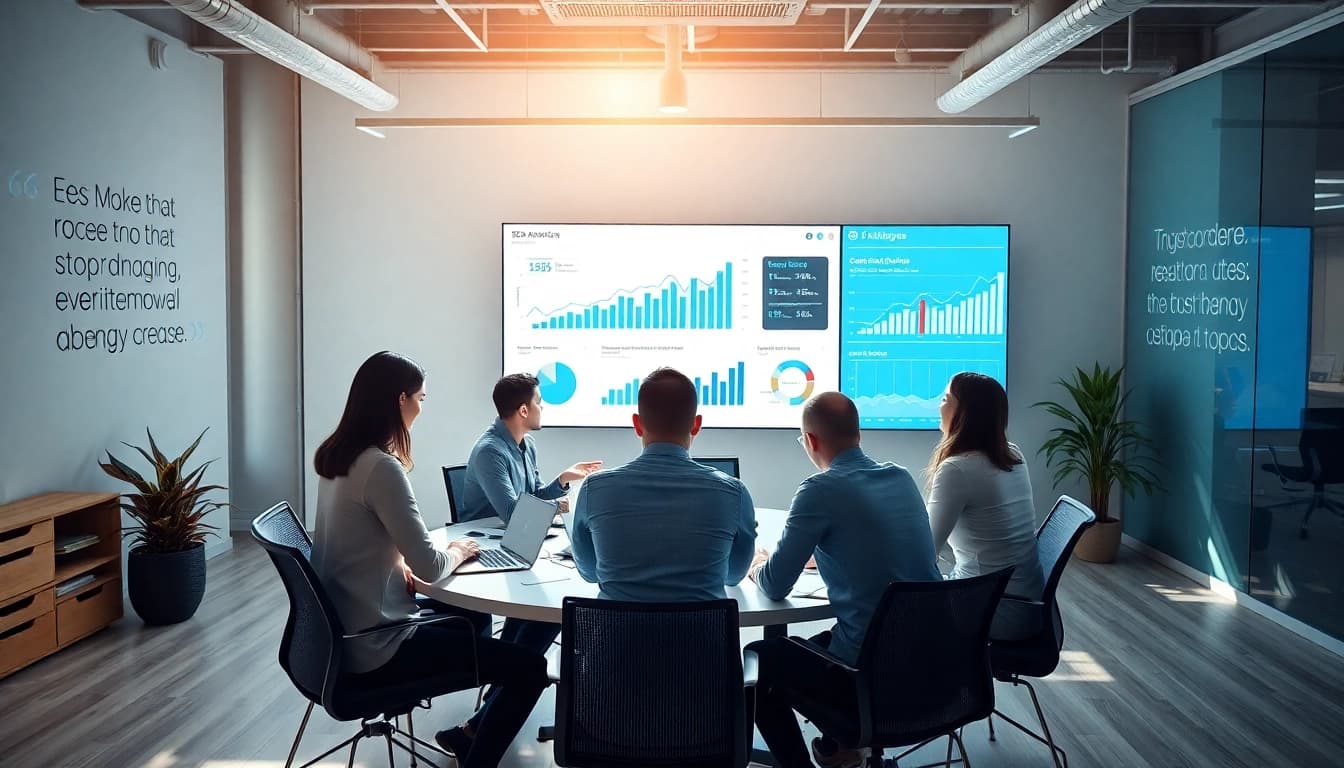 SEO Agentur Team arbeitet gemeinsam an Strategien in einem modernen Büro.