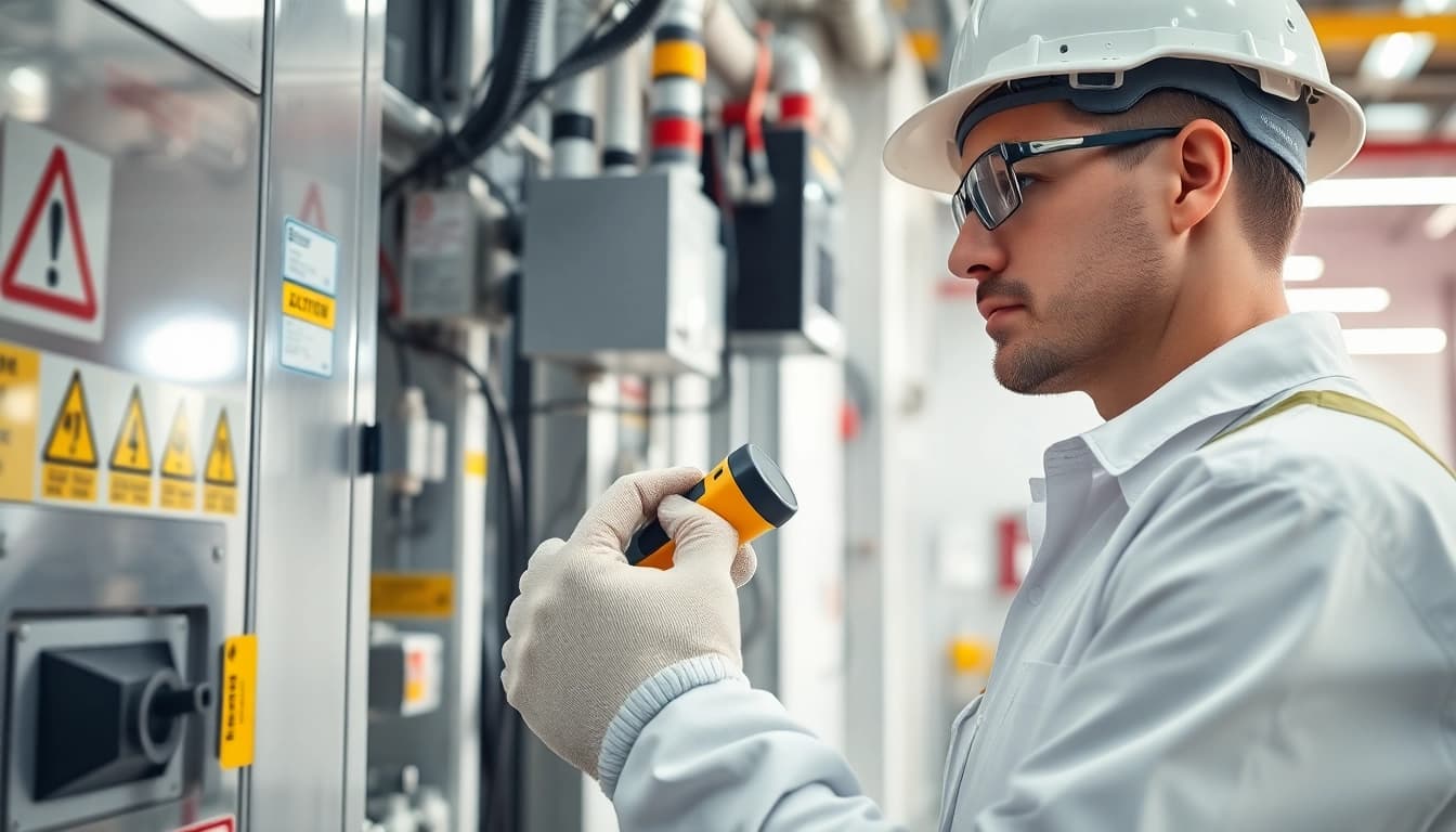 Prüfung ortsfester elektrischer Anlagen durch einen Techniker in sicherer Arbeitsumgebung.