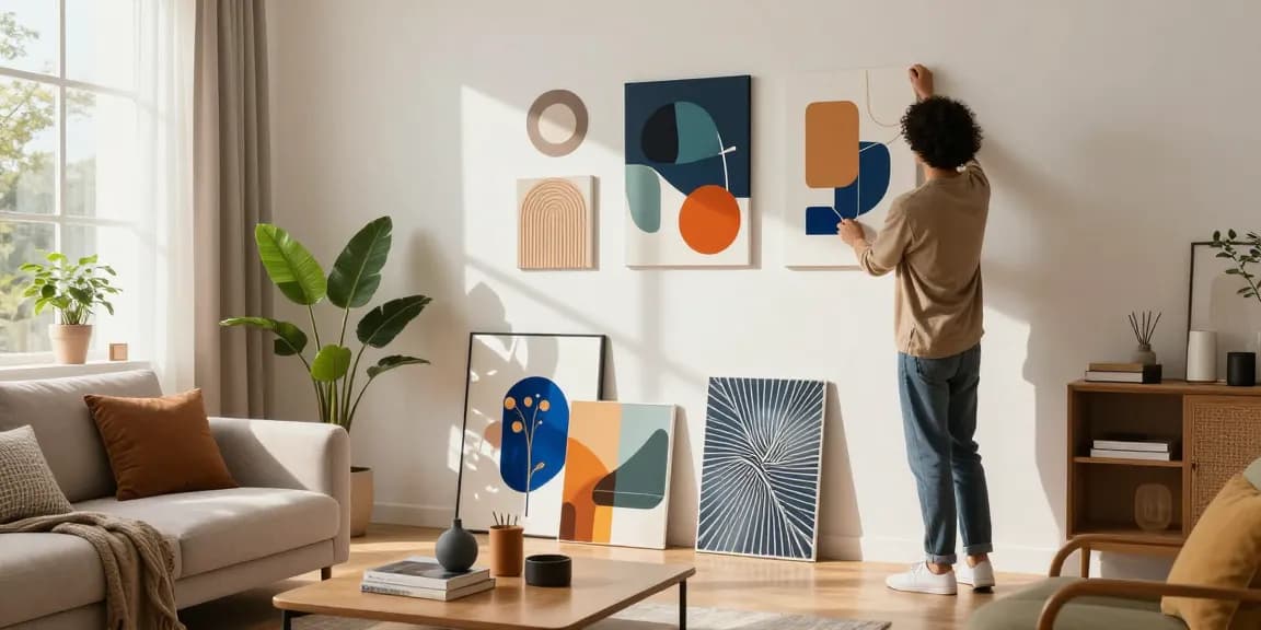 Moderne Wandbilder in einem stilvollen Wohnzimmer mit verschiedenen Kunstwerken und natürlichem Licht.