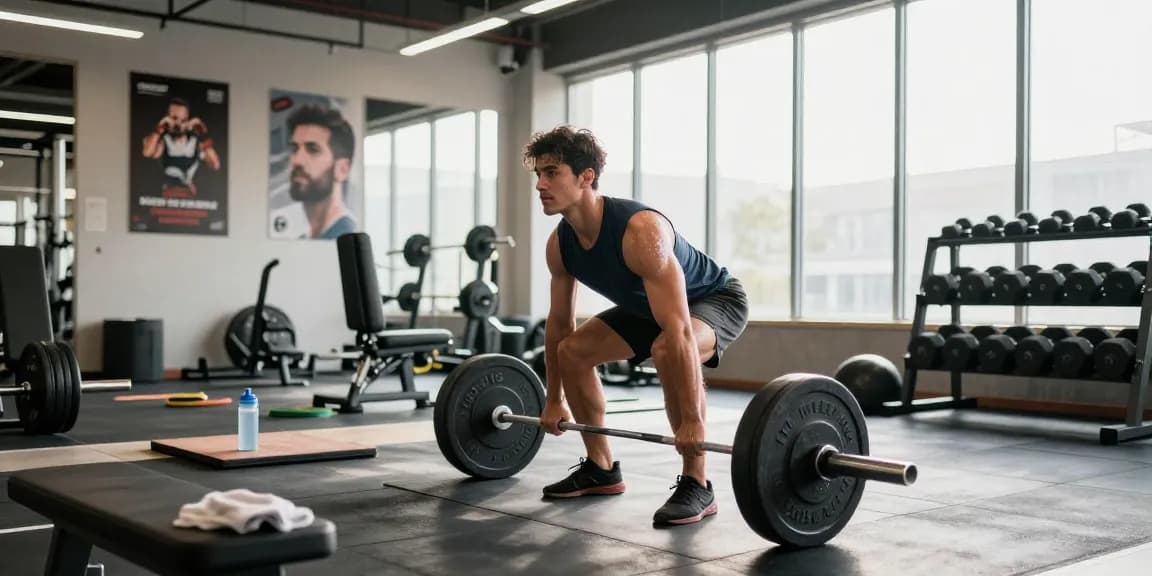 Man lifting weights in Anabolika Shop gym, showcasing strength training and fitness dedication.