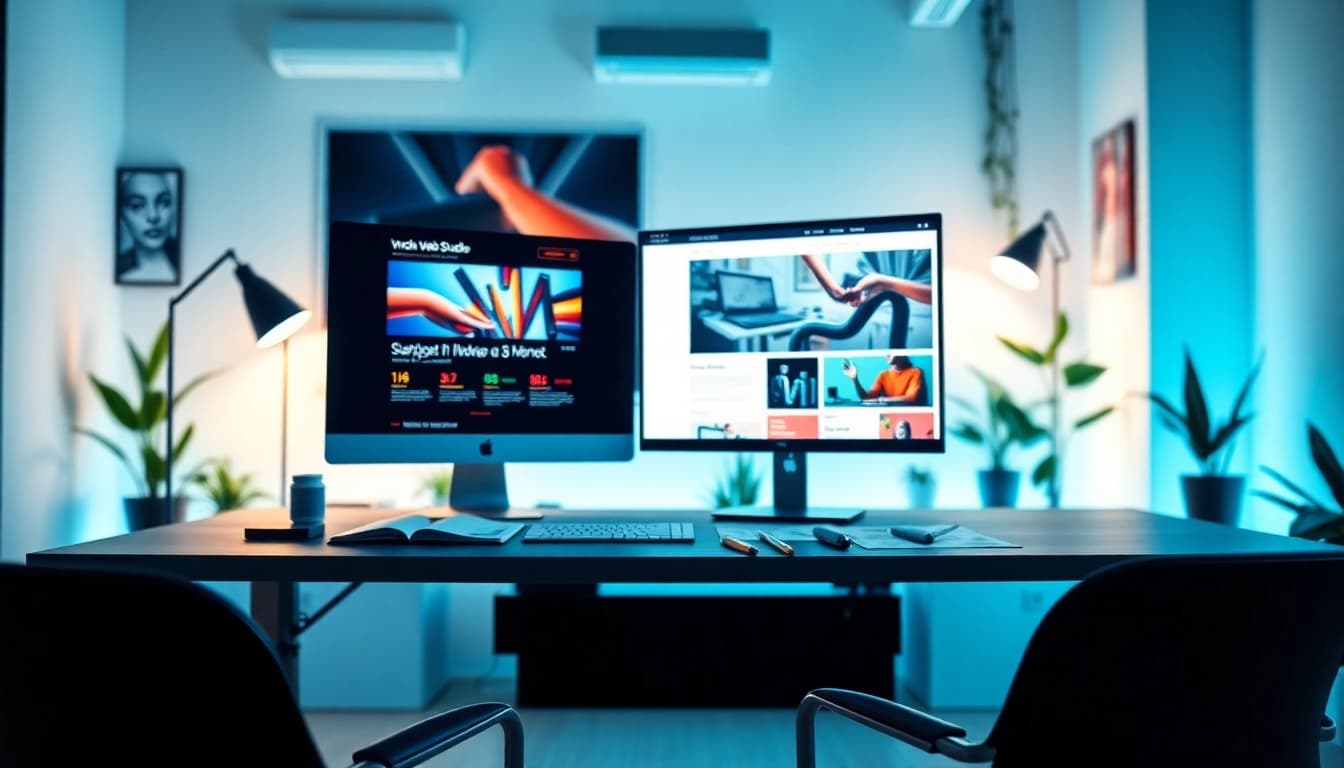 Webdesign: kreatives Arbeitsumfeld eines modernen Webdesign-Studios mit einem Schreibtisch.
