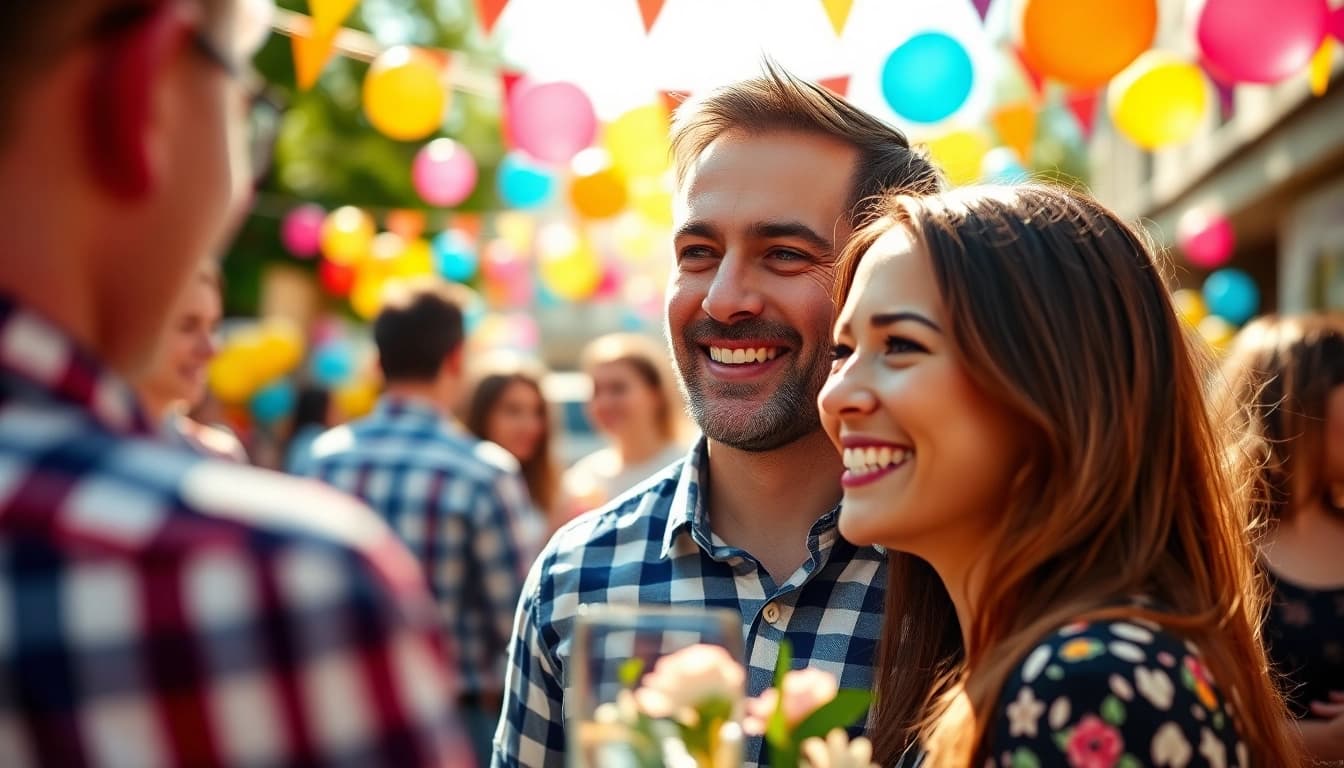 Eventfotograf München fängt ein glückliches Paar auf einer Feier mit Freunden ein.
