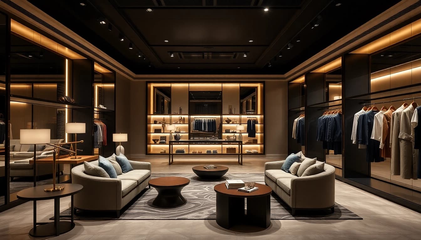 Luxury boutique showcasing exquisite fashion and elegant decor in a warm atmosphere.