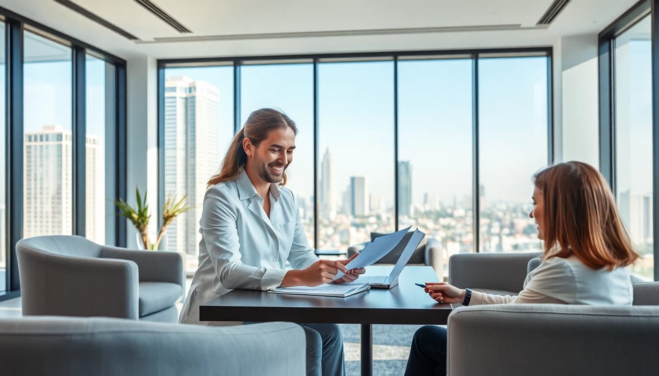 Immobilienmakler Frankfurt Ginnheim berät Kunden in einem modernen Büro mit natürlichem Licht.