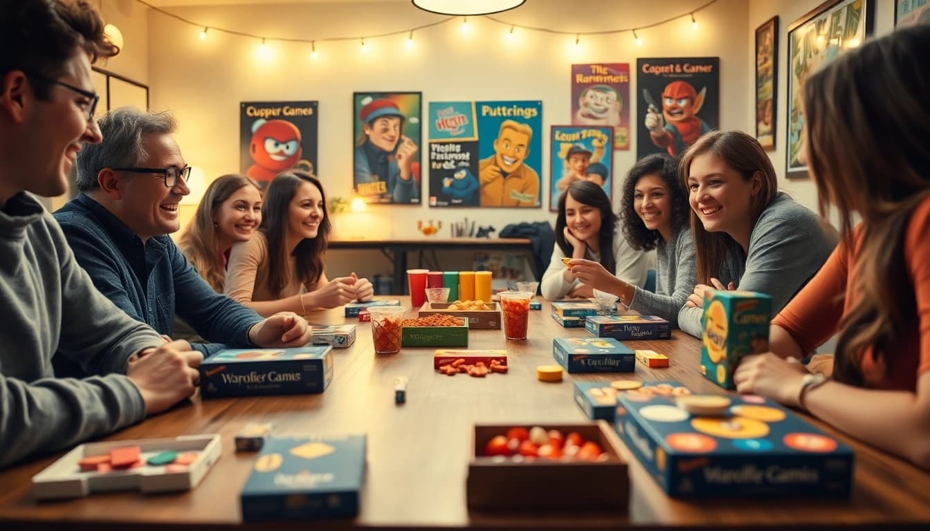 Spieleabend mit Freunden: Lächelnde Menschen genießen einen unterhaltsamen Spieleabend mit Brettspielen.