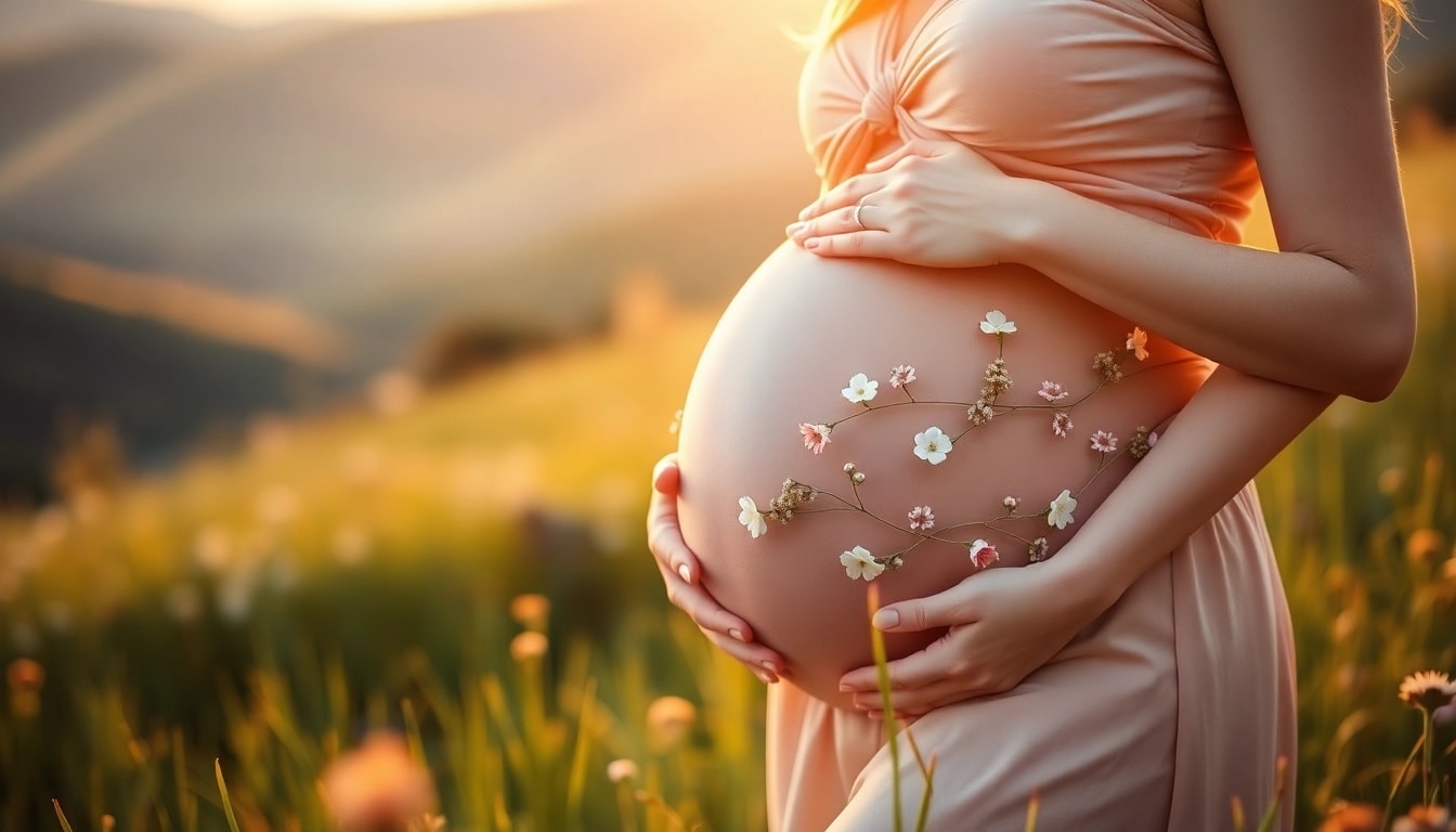 Babybauch Shooting München: Glückliche werdende Mutter präsentiert ihren Bauch in einer wunderschönen Umgebung.