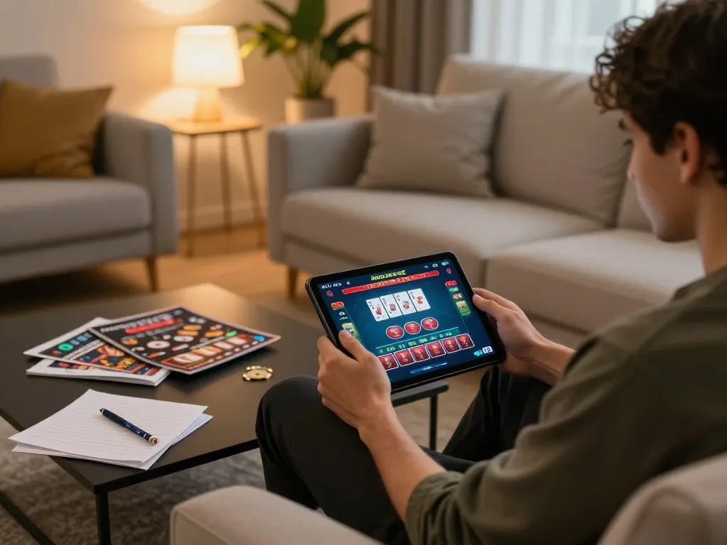 Player engaging in C168 online gaming experience with strategic notes and vibrant casino interface