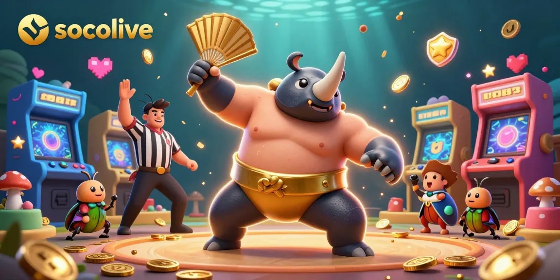 Socolive showcases a lively gambling atmosphere with dynamic beetles, coins, and gaming elements.