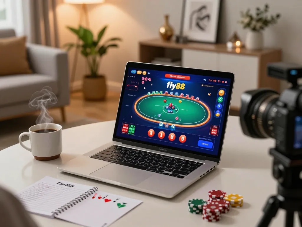 Engaging in a strategic fly88 online poker game while enjoying a cozy home setup