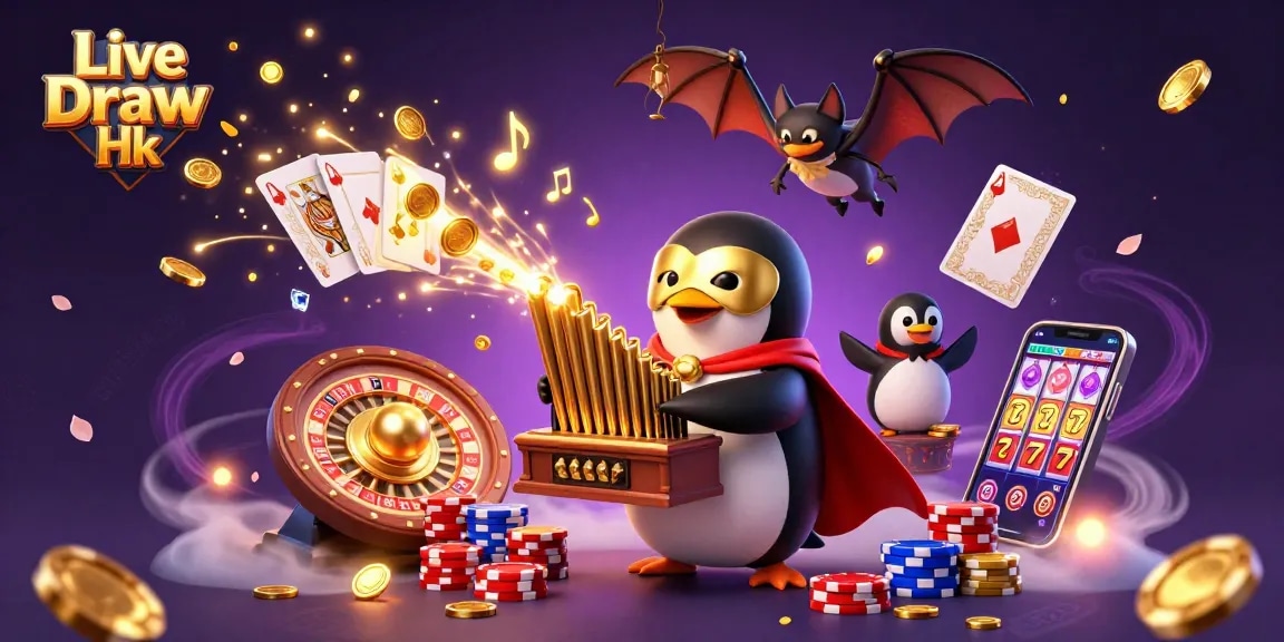 Watch the lively performance of Live Draw Hk with a golden organ-playing penguin surrounded by casino elements.
