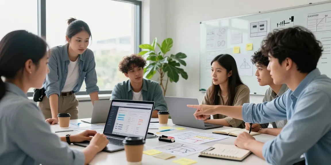 Team collaborating to build internal tools with AI in a modern office setting.