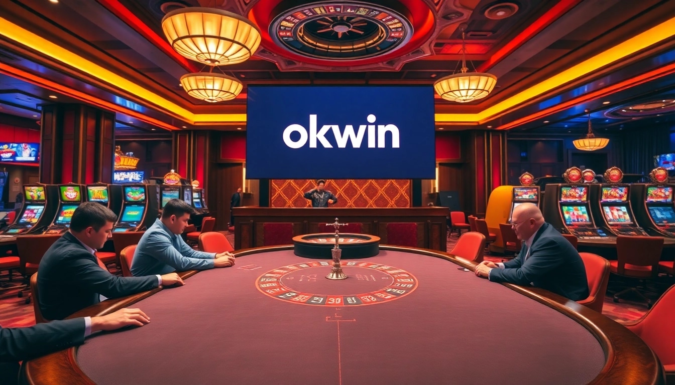 Experience thrilling poker play at okwin, surrounded by vibrant casino elements.