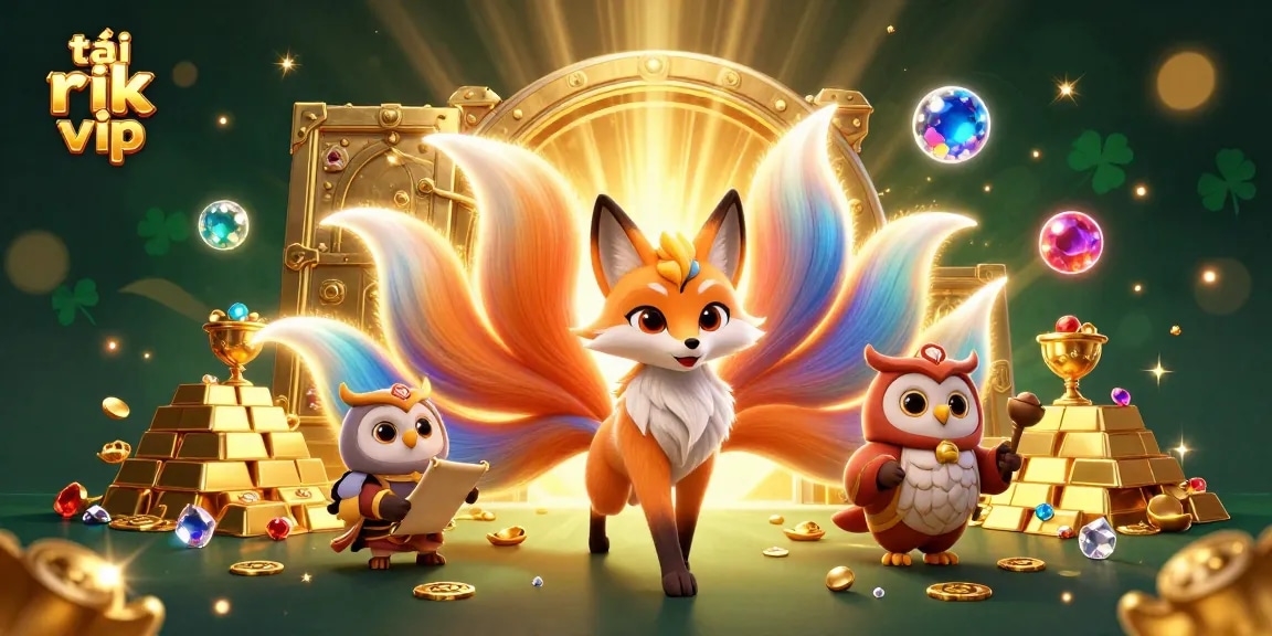 Experience excitement as tải rik vip introduces a dazzling nine-tailed fox and treasures in an enchanting casino scene.