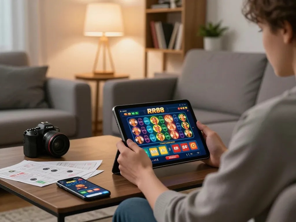 Engaged player at home using https://rr88.center/ tablet for online gambling with strategy notes scattered around.
