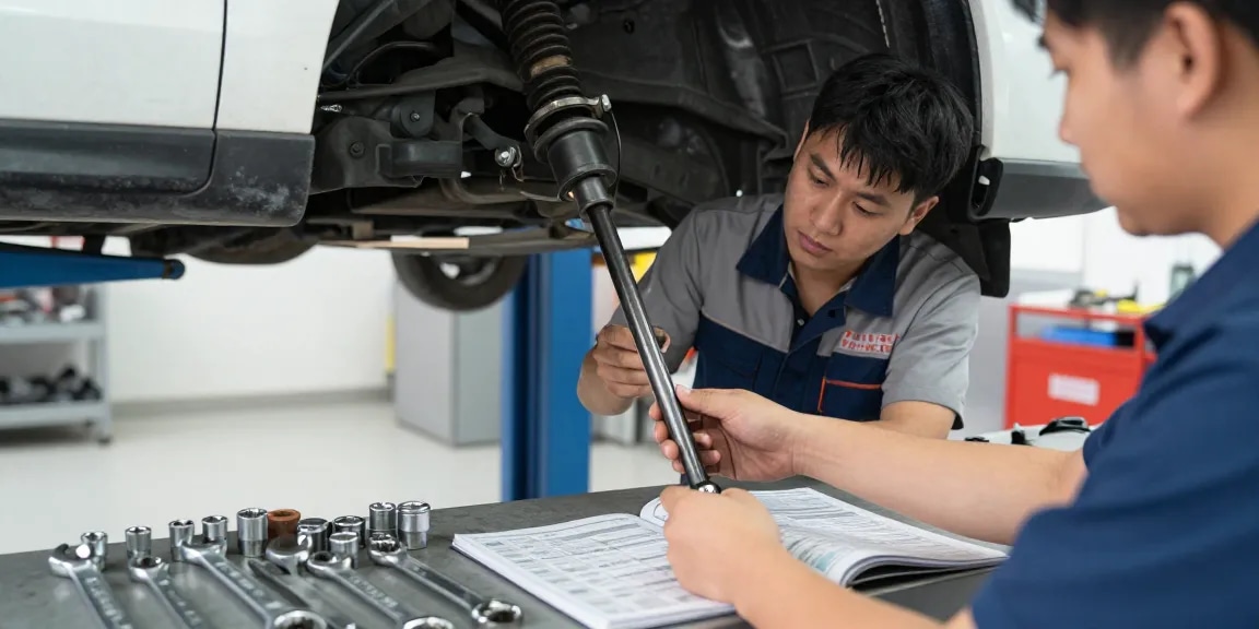 Thay thế link f168 ở tiệm sửa xe với kỹ thuật viên và dụng cụ.