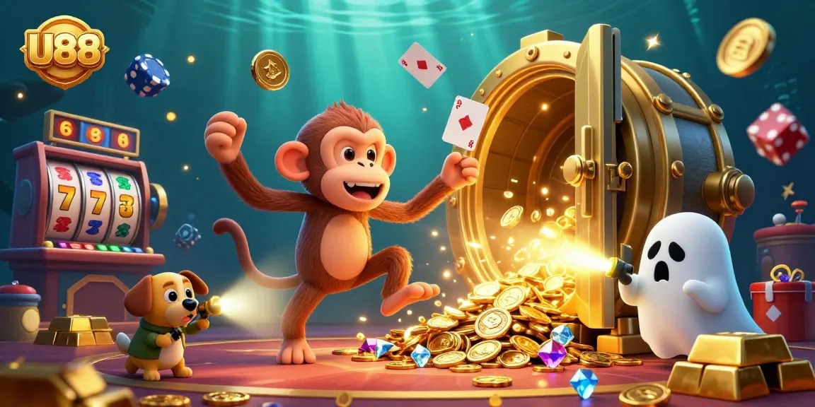 Experience the thrill of U88 with a playful ghostly monkey juggling casino treasures in a vibrant haunted setting.