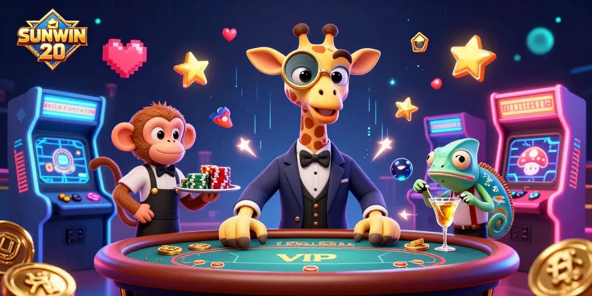 SUNWIN 20 casino scene featuring high-roller giraffe at poker table, monkey valet, and gaming elements