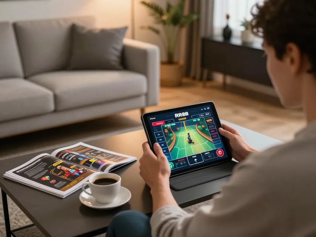 Engaging with the reputable casino app nhà cái uy tín RR88, showcasing a focused player analyzing gameplay.