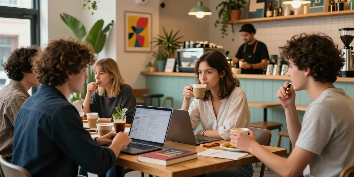 Young adults socializing over drinks at a cafe, enhancing community connection with rokok88 link.