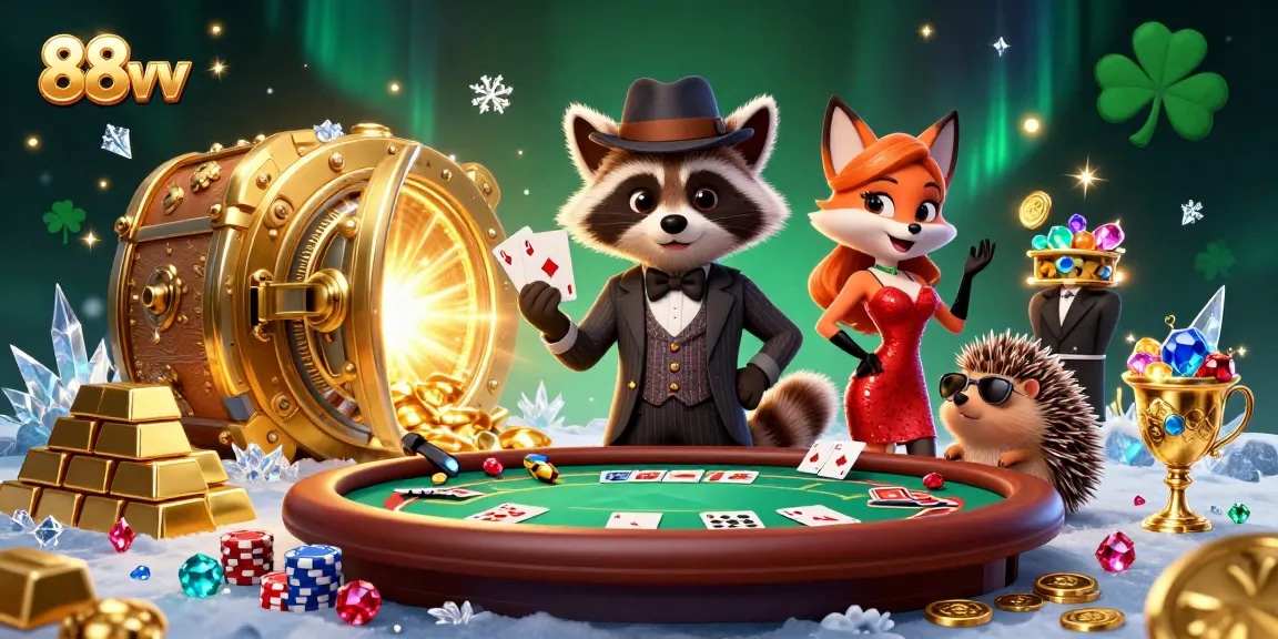 Experience thrilling poker excitement with 88vv's vibrant casino scene featuring raccoon and fox characters.
