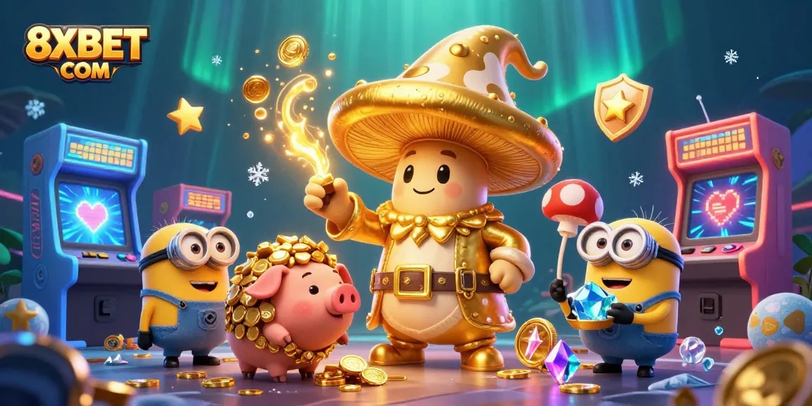 Experience the magic of 8XBET COM with a vibrant 3D casino scene featuring golden treasures and gaming elements.