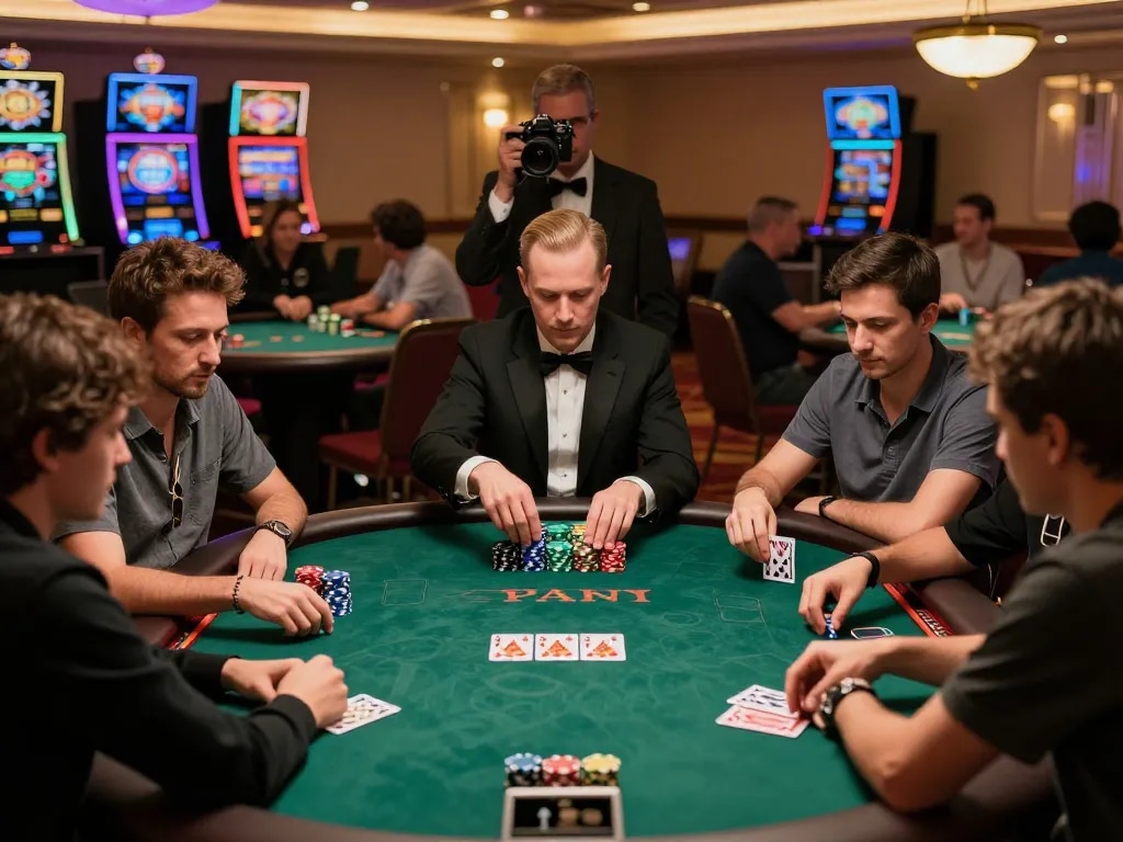 79King players strategizing during an intense poker game in a vibrant casino atmosphere