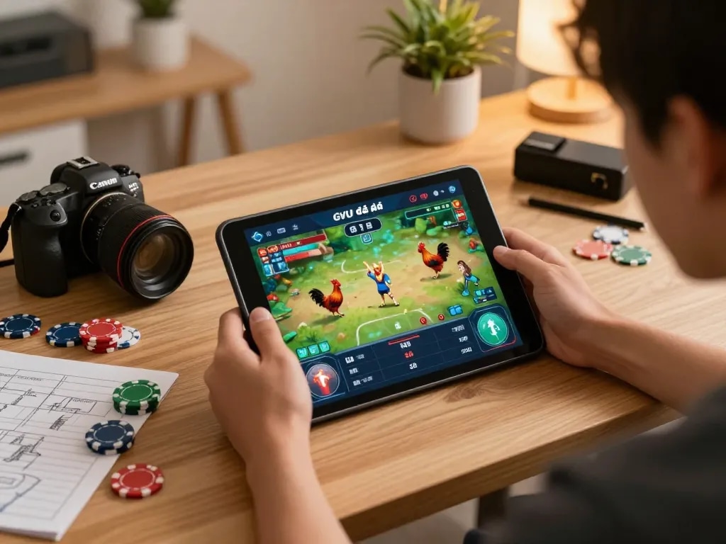 Engaging player analyzing GVUI đá gà betting options on tablet in cozy home office.