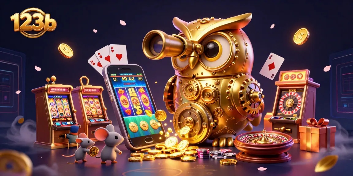 Engage with 123b's vibrant casino environment featuring a clockwork owl and lively gaming elements.