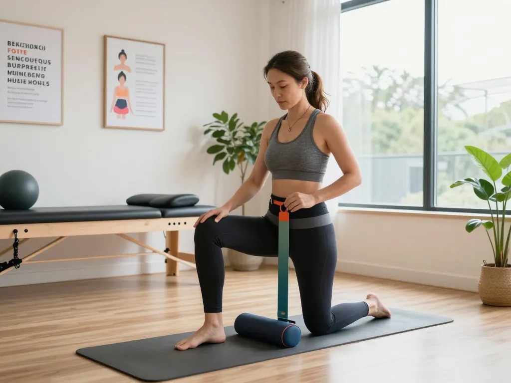 Woman using Beckenbodenmuskeltrainer for pelvic floor therapy at https://pelvi-care.de/ in a bright studio setting.