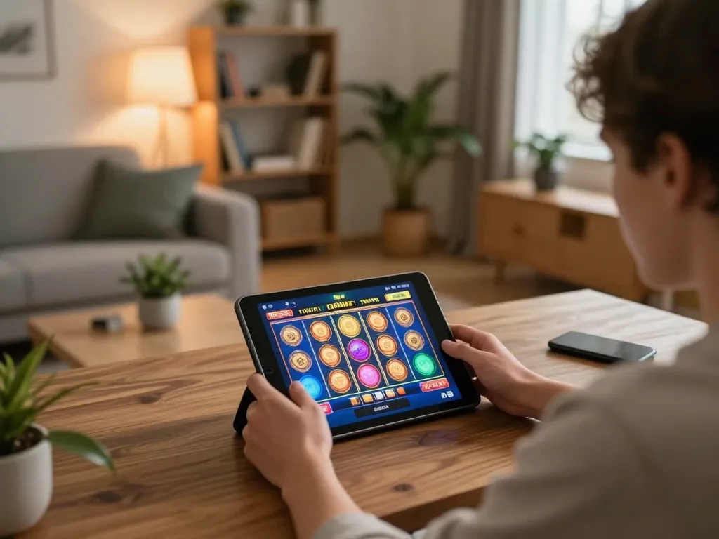 Enjoying online gaming at home with nhà cái uy tín OK8386 featured on the tablet screen