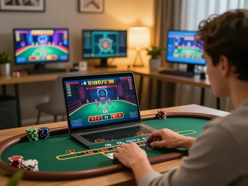 Player enjoying cm88 live dealer blackjack from home, showcasing interactive online gaming experience.