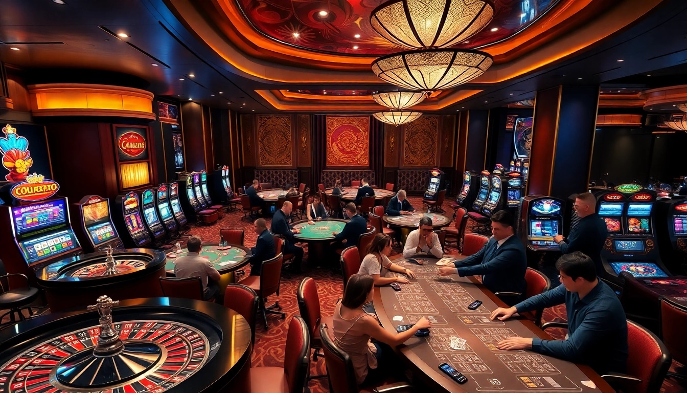 Engaged players at a vibrant casino scene featuring OK8386, capturing the excitement of online gambling.