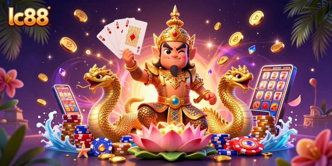 Engage in thrilling gameplay with lc88 at an enchanting casino scene featuring vibrant guardians and treasures.