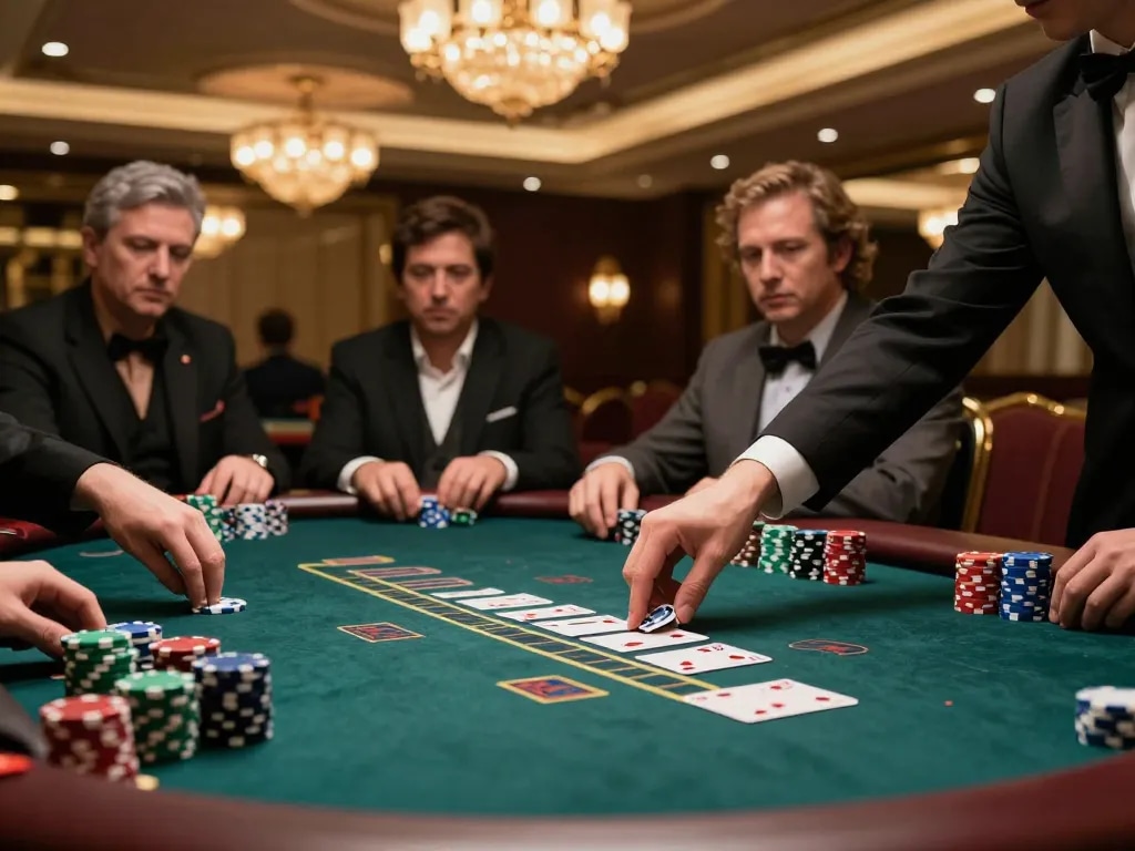 Players enjoying Blackjack at 11win casino table with dramatic lighting and colorful chips stacked