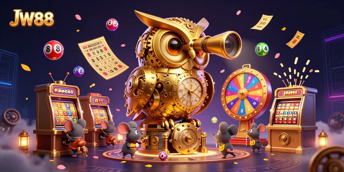 Experience thrilling games at JW88 with vibrant elements and a golden owl guarding the casino.