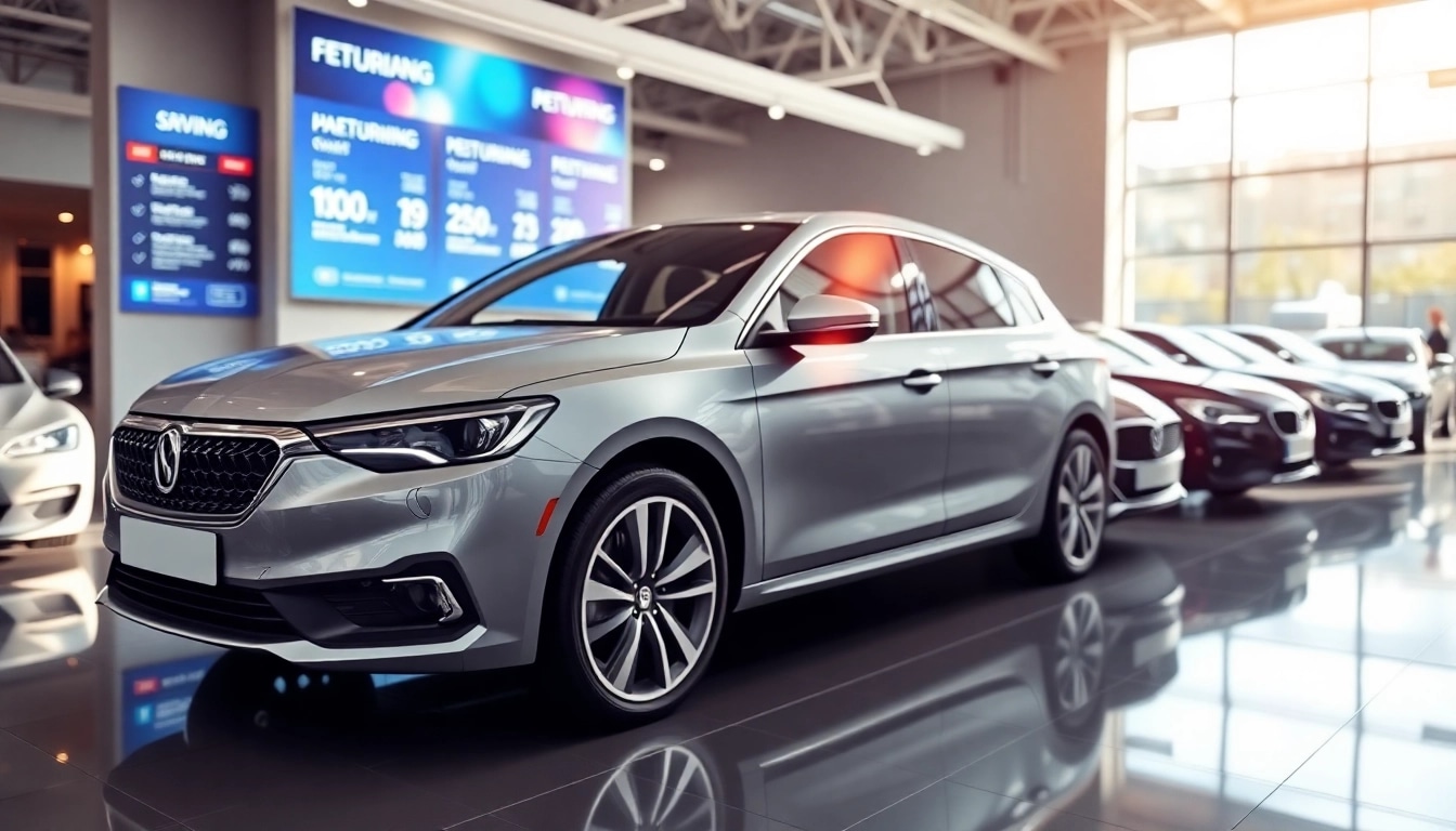 Auto kaufen in einem modernen Autohaus mit hellen Lichtern und eleganten Fahrzeugen.