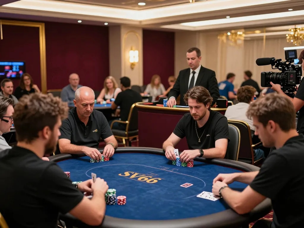 Players engaging in a high-stakes poker game at SV66, showcasing intense action and strategic gameplay.