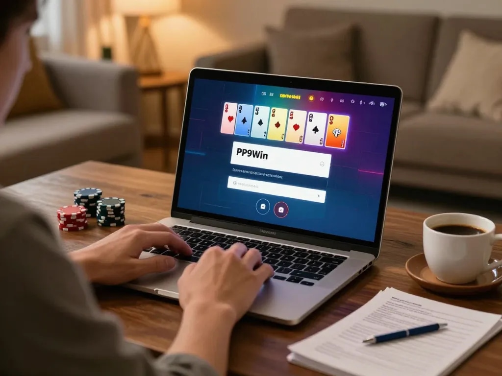 Engage with PP9Win Login while playing poker online in a cozy home setting, showcasing strategic gameplay.