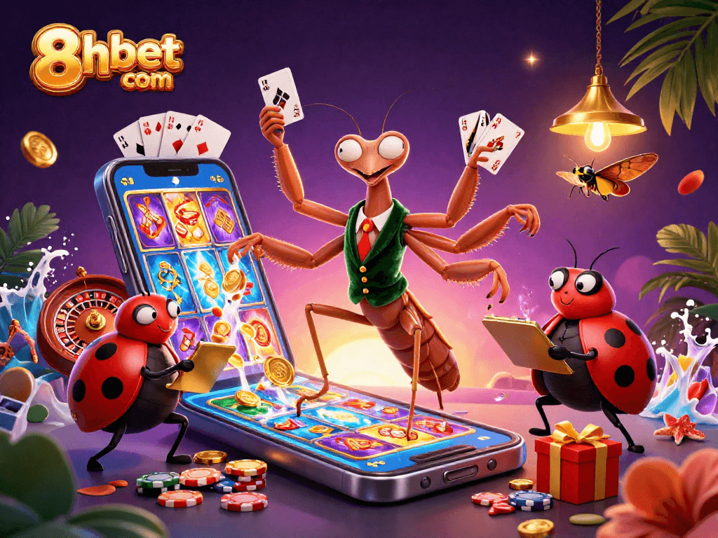 Experience thrilling games at 8xbet com with vibrant casino elements in a dynamic illustration.
