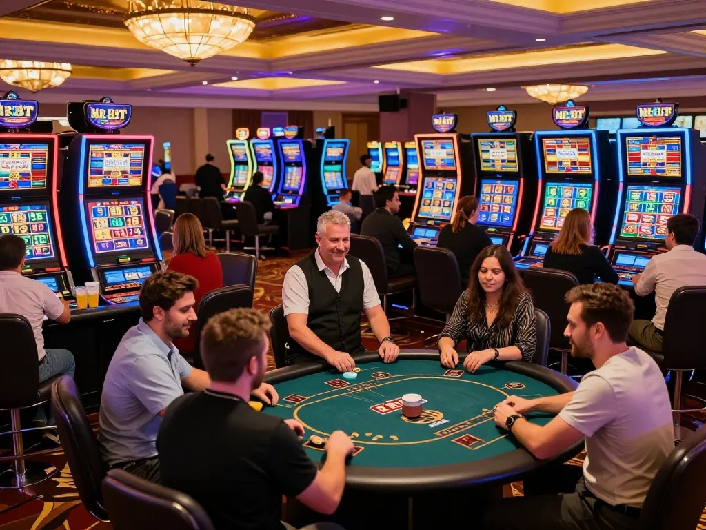 Engagierte Spieler im Mr Bit Casino, die verschiedene Spiele und die lebendige Atmosphäre genießen