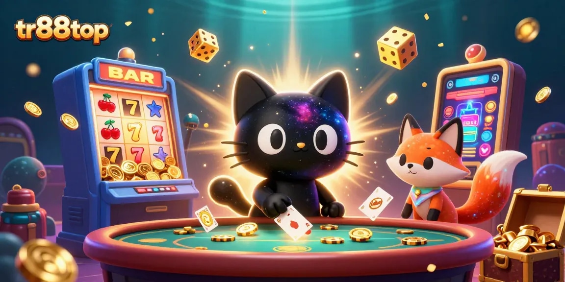 Experience the thrill of tr88top with captivating casino action, featuring a black hole cat and vibrant cosmic elements.