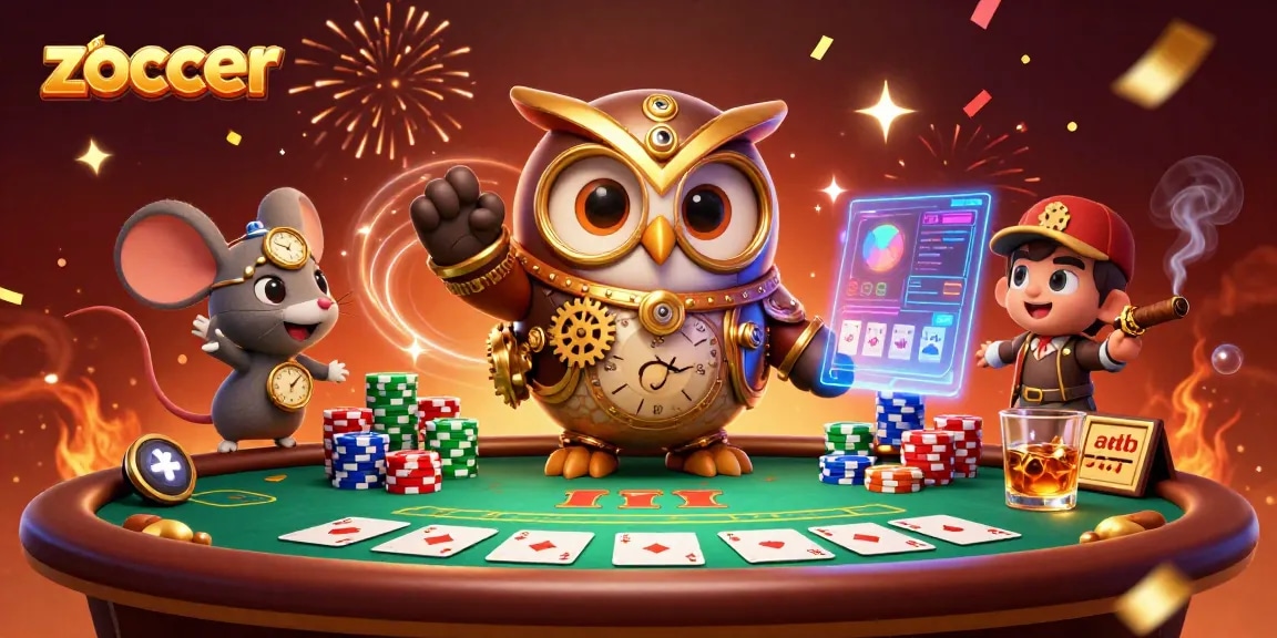Zoccer game night featuring a time-traveler owl at a poker table with vibrant 3D casino elements.