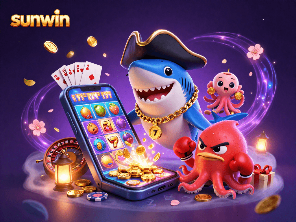 sunwin features a cartoon pirate shark, pufferfish, and octopus amidst casino games