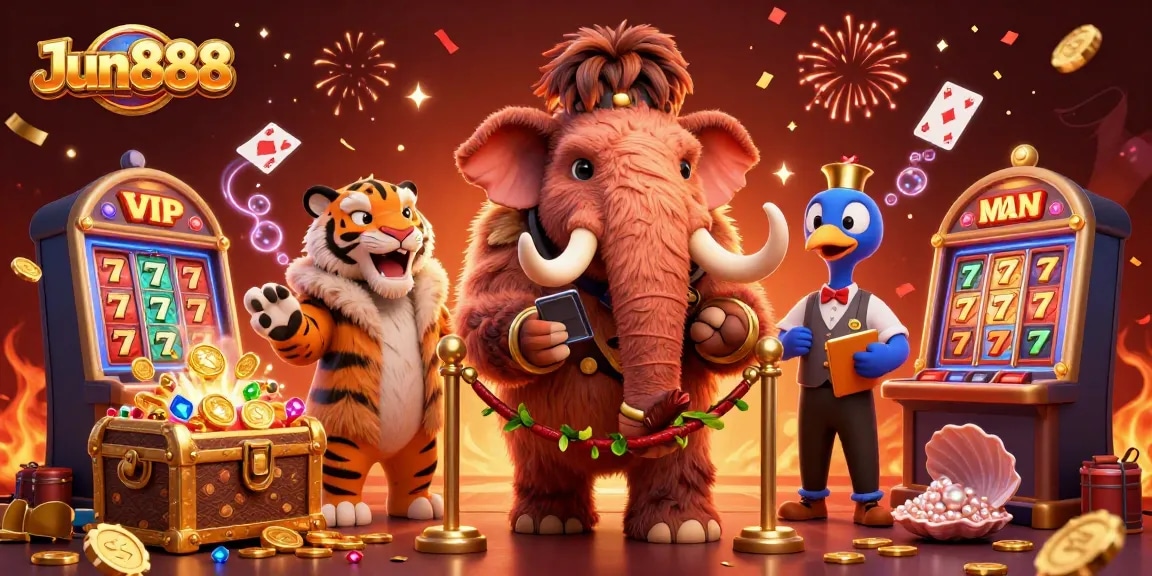 Immerse in the vibrant world of Jun888 with a charismatic casino scene featuring unique characters amidst golden treasures.