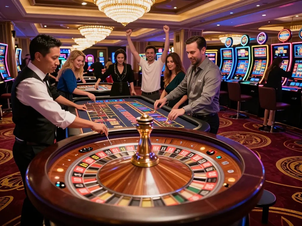 Players at nohu roulette table experience thrilling game moments under vibrant casino lights