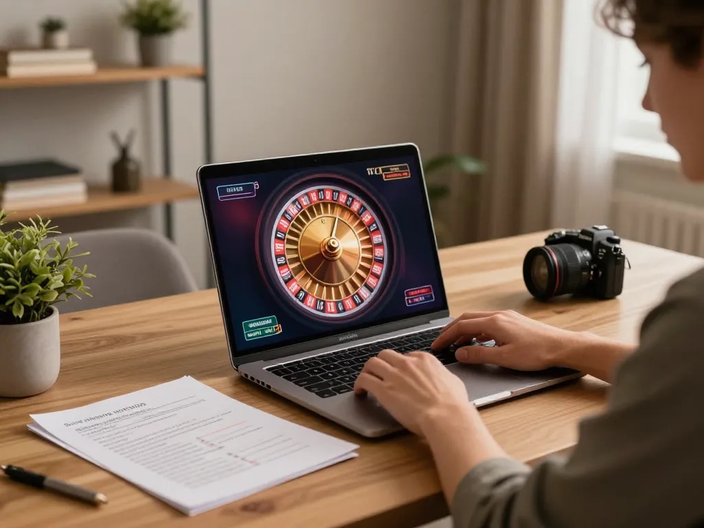 Player engaging with ALO8 online roulette game on laptop in cozy home office