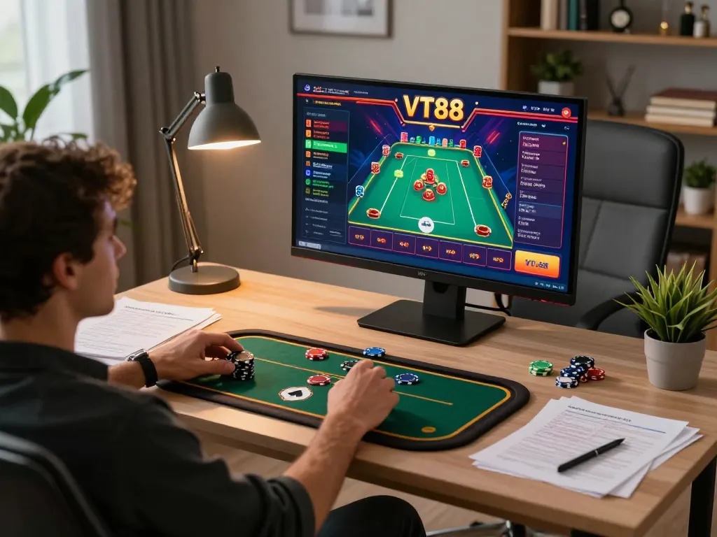 Engaged in VT88 online gambling, player interacts with vibrant casino game interface in a modern home office.