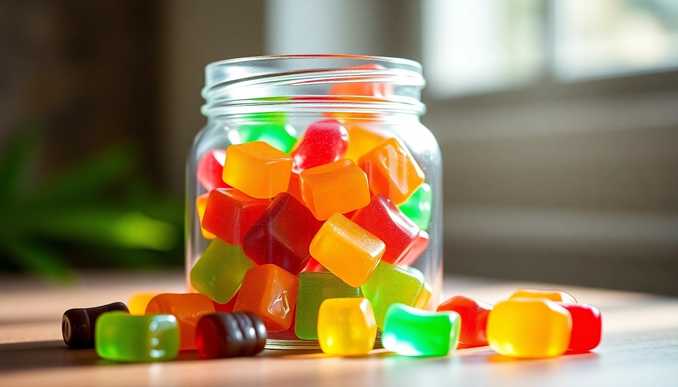 Delicious cannabis gummibärchen displayed in a jar, showcasing their vibrant colors and enticing appearance.